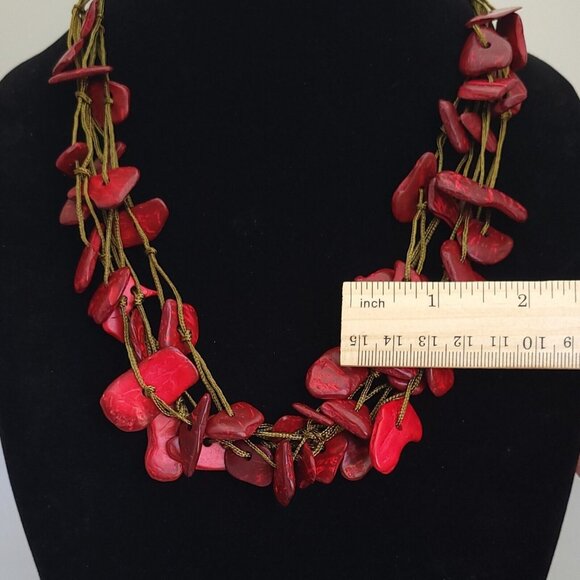 VTG Necklace Chunky Red Coral Natural Fringe Twine Cord Boho Statement Artisian - Picture 5 of 7